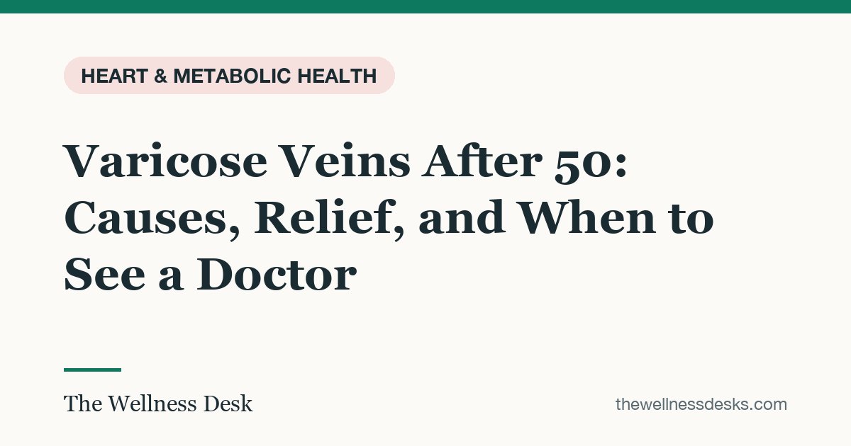 Title card: Varicose Veins After 50: Causes, Relief, and When to See a Doctor